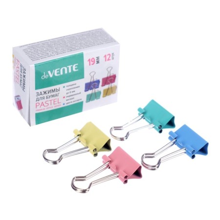 Paper clamps 19 mm, 12 pieces, Devente, metal, mix x 4 colors, cardboard box