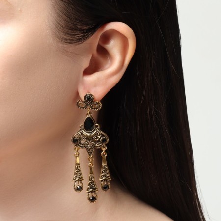 Hanging earrings with “vintage” rhinestones in patterns, black color in black gold, 7.5 cm-3