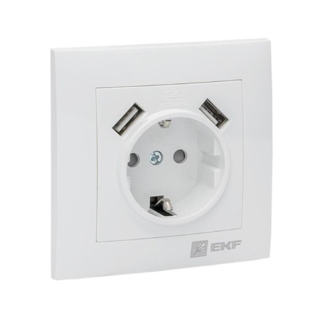 EKF socket "Valencia", 16 A + 2 USB 2.1a, single, with salary, with protective curtains, white-1