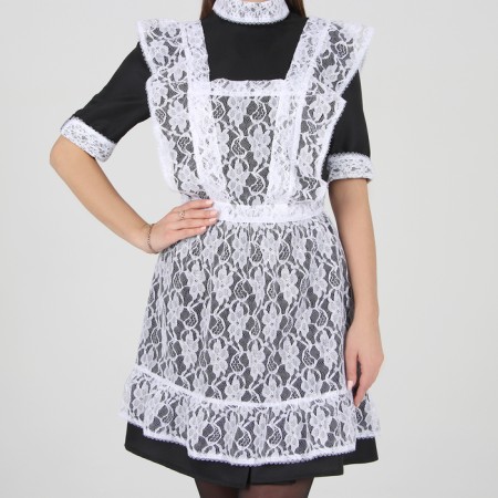 School apron with straps and bottom, guipure, flowers, p. 42-50, white color-1