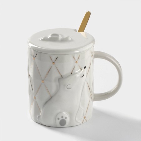Ceramic mug with a lid and a spoon "Bear", 350 ml, white color
