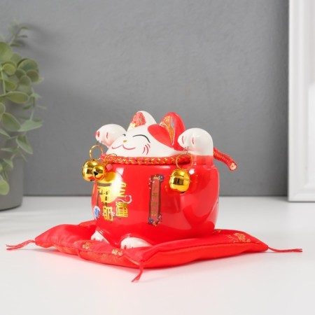 Pig a piggy bank Ceramics "Cat Mani-Neko Red with bells" 10.5x13.5x9 cm-2