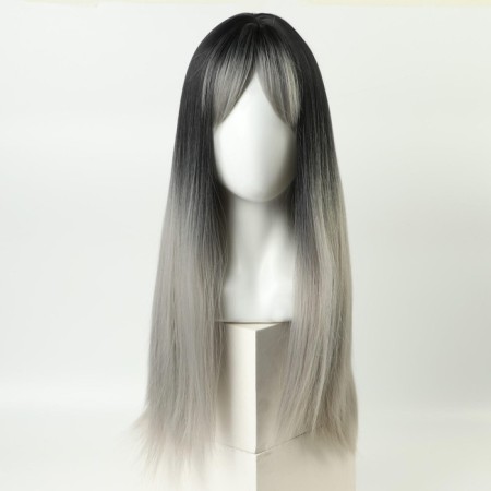 Artificial wig, with a bang, imitation of the skin, 60 cm, black/ashen color-3