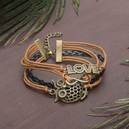 Bracelet "Magic of Signs" owl and infinity, l = 17 cm, color brown-red-4