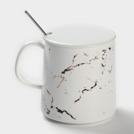 Ceramic mug with a spoon "White Marble", 350 ml, white color-4