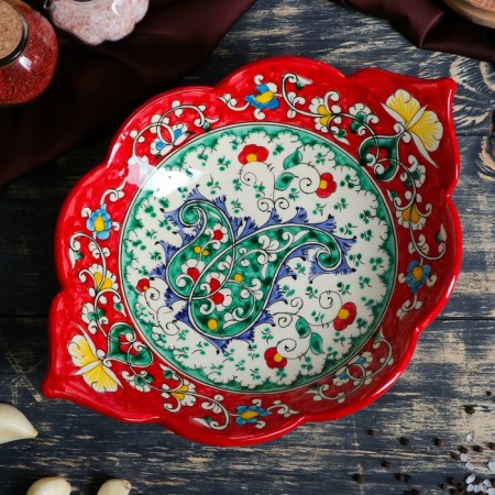 Rishtan ceramics "Flowers", 29 cm, red, corrugated, oval-1