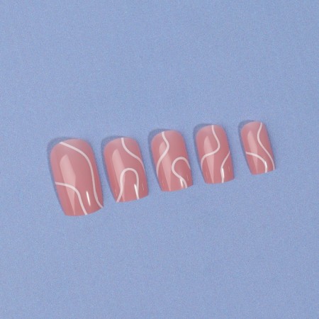 Lines patch nails, 24 pcs, with adhesive plates, soft square shape, pale pink color-5