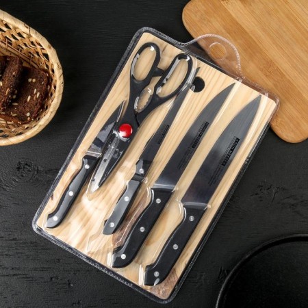 A set of kitchen supplies, 6 objects: 4 knives 8 cm, 13 cm, 16 cm, 16 cm, scissors, board 28 × 18 cm-1