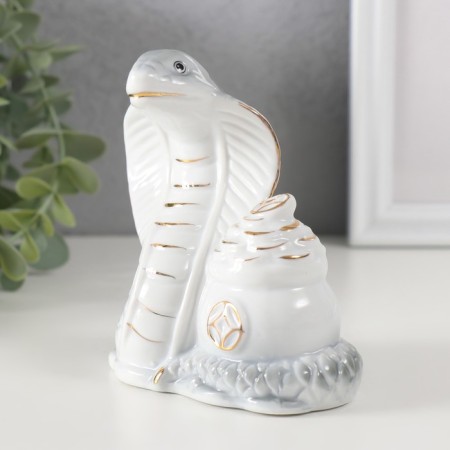 Souvenir Ceramics "Cobra with a bowl with coins" White with gold 5.8x9.5x11 cm-2