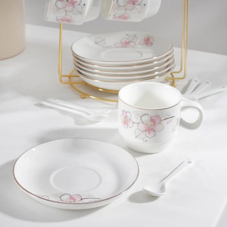 Tea ceramic service on a metal stand “Rose”, 19 objects: 6 cups 170 ml, 6 saucers 13.5 cm, 6 spoons, white color-2