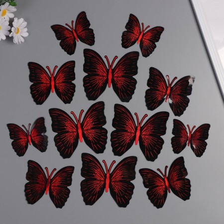 Plastic sticker "Black butterflies with red" double wings set 12 pcs 12 cm, 10 cm 8 cm