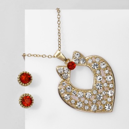 Set 2 objects: earrings, pendant "heart" lady, red-white color in gold, 48 cm
