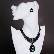 Set 2 objects: earrings, necklace “vernissage” drop, emerald color in ferrous metal, 30 cm