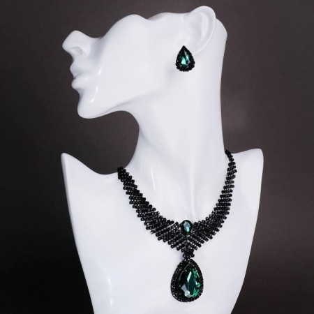 Set 2 objects: earrings, necklace “vernissage” drop, emerald color in ferrous metal, 30 cm
