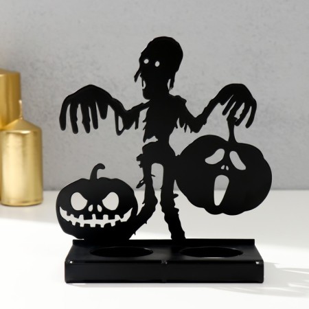 Summary Metal for 2 candles "Halloween. Skeleton with pumpkins" black 15x14x6 cm-3