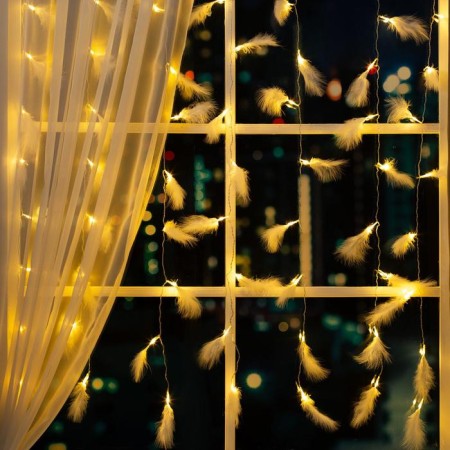 Garland "Curtain" 3 × 1.4 m with nozzles "feathers", IP20, transparent thread, 80 LED, glow warm white, 8 modes, 220 V
