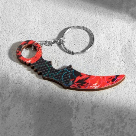 Wooden keychain "Cerambit" 8x3 cm red marble-1