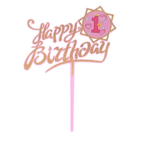 Topper "Happy Birthday", 1 year, pink color
