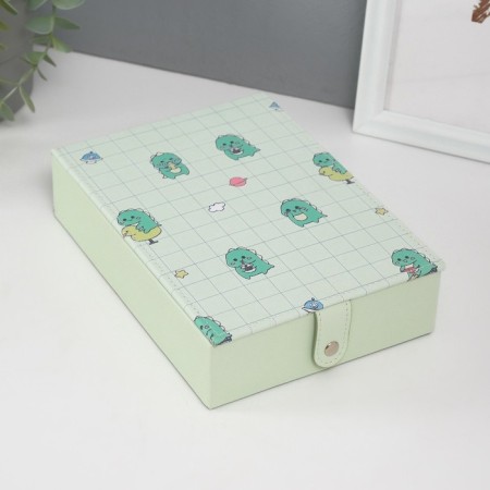 Casket leatherette for jewelry with a dinosauric mirror Green 15x21.5x5.5 cm