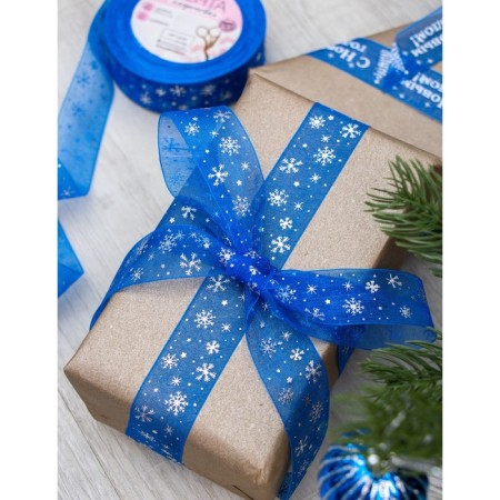 Kapron tape with embossing "Snowflakes", 25 mm × 23 ± 1 m, blue color/silver No. 040-1