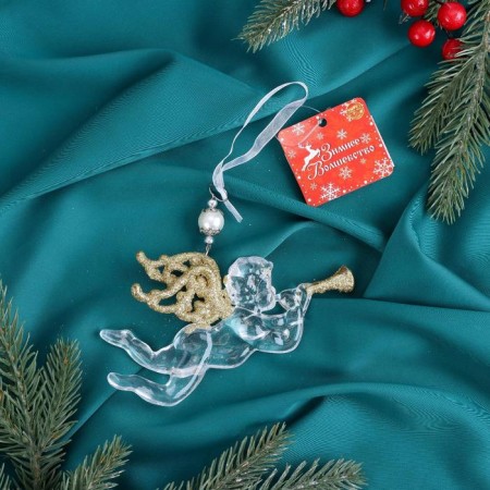 Christmas tree decoration "Angel with a pipe shine" 14x8 cm, transparent-gold-2
