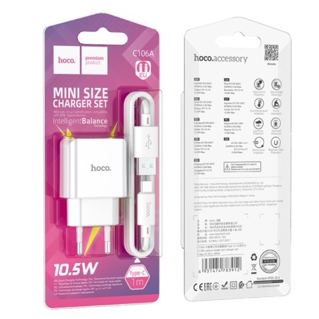 Network charger HOCO C106A, 1 USB, 2.1 A, Type -C cable - USB, 1 m, white-8