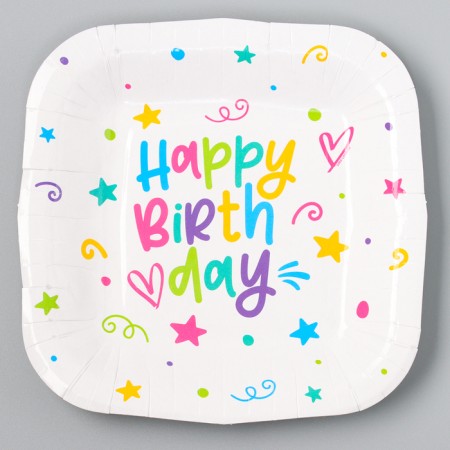 Disposable plate of square paper "Happy Birthday", stars, 16.5x16.5 cm-1