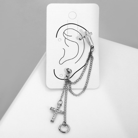 Earring "Kaff" Two Crosses with a circle, white color in silver-2
