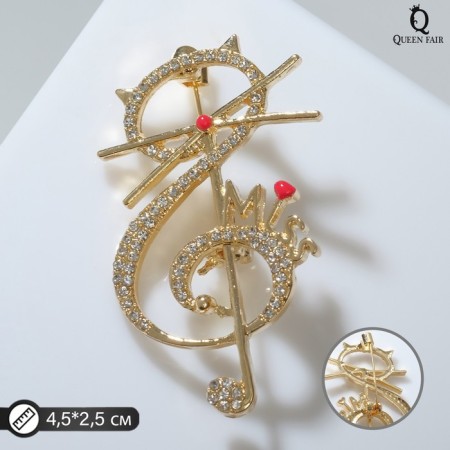Brooch "Cat" Violin key, red-white color in gold
