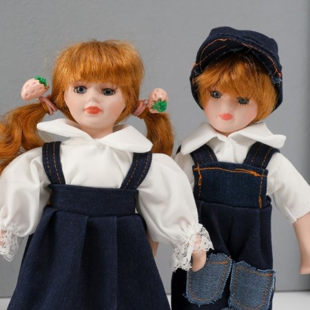 Doll Collectible couple "Olya and Glory, denim outfit" Set 2 pcs 19 cm-4
