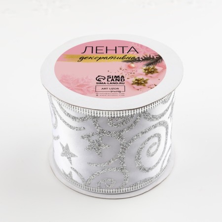 A satin ribbon with a metal thread “Patterns with a star”, 60 mm, 9 ± 0.5 m, white/silver color-2