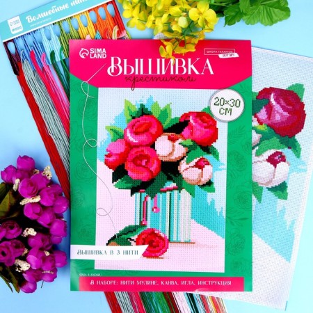 Cross -stitching "composition from peonies", set for creativity, 30 x 20 cm-1