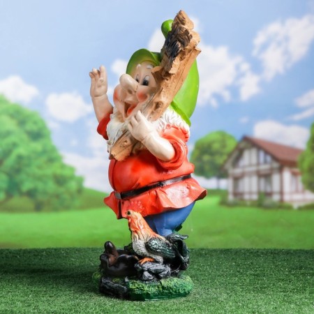 Garden figure "Dwarf with a Welcome sign with a rooster" 36x23x61cm-1