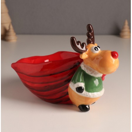 Ceramics stand "Elk in a green fur coat with a large red bag" 12.5x19.1x13.1 cm-3