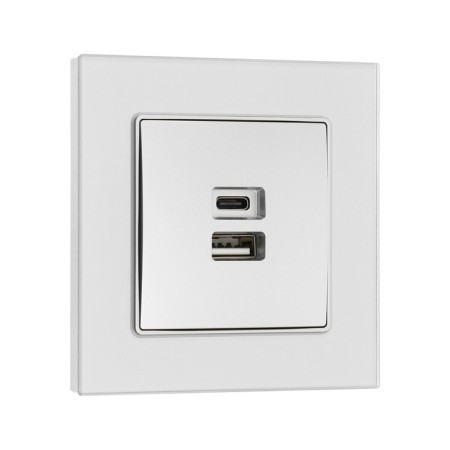 Socket with USB-A + usb-C connectors, 2.1 A, 5V, TOT GLOSSY GLASS, Hidden, glass, silver 10439-1