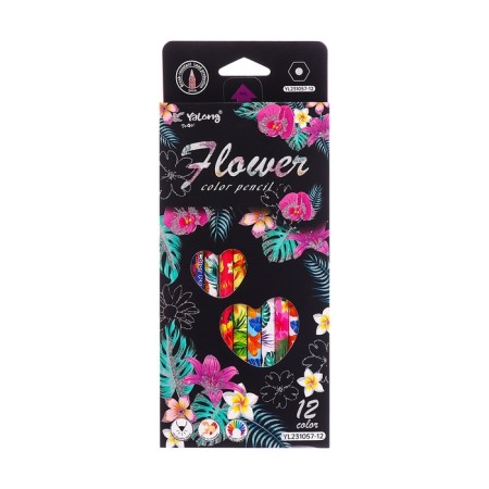 Pencils 12 colors in a cardboard box, hexagonal, wooden, flowers on a black mix-7