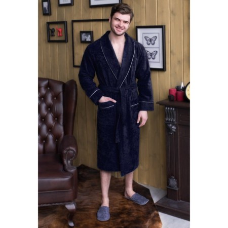 Male dressing gown, shalka+kant, size 68, dark blue color, mahra