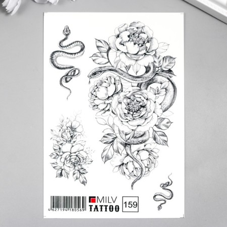 Tattoo on the body "Snake in flowers" 10x15 cm