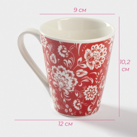 Porcelain share mug "Flowers on red", 280 ml, red color-2