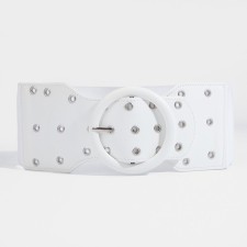 Women's belt, width 10 cm, metal buckle, grirts, white color