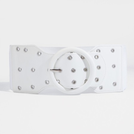 Women's belt, width 10 cm, metal buckle, grirts, white color