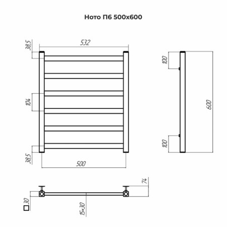Terminus heated towel rail "Noto" P6, 500x600 mm, lower connection, chrome-3