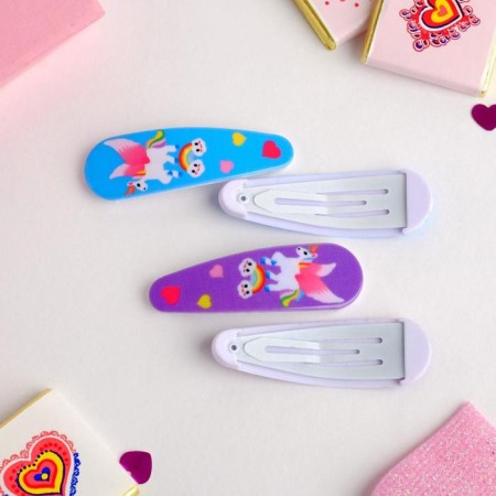 Invisibility for hair "Funny gloss" (set 4 pcs) unicorns on the rainbow, 5 cm, blue purple 4555-1