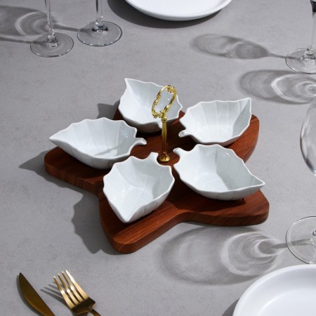 Menzhitsa "Leaves", 5 pcs: 150 ml, wooden base, porcelain, Iran