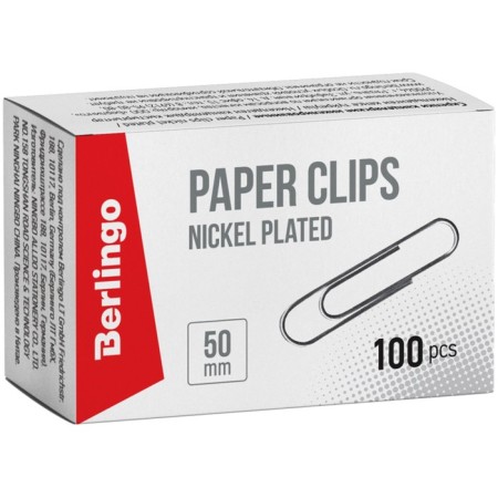 Nickelized paper clips 50 mm, 100 pieces, cardboard packaging