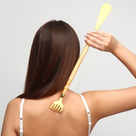 Massage - Chesalka, universal, with a spoon, wooden, 47 × 4 × 3 cm, yellow color-5