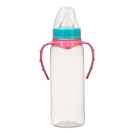 A bottle for feeding, classic throat, 250 ml., 0 months, cylinder, with handles, turquoise/pink color-1