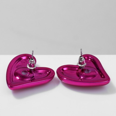 Earrings Metal "Heart" with a bend, pink color-2