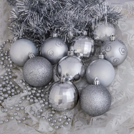 Set of balls plastic with beads and tinsel 12 pcs "Shine" silver