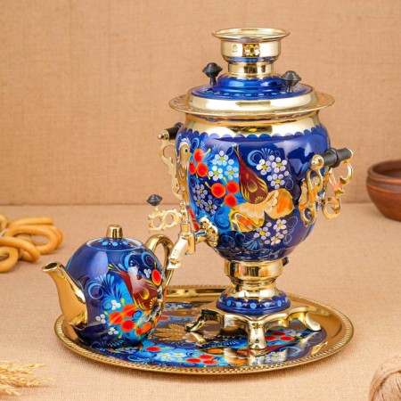 Set "Bird on the blue", sturdy, 3 objects, a samovar 3 l, a teapot 0.7 l, tray-13